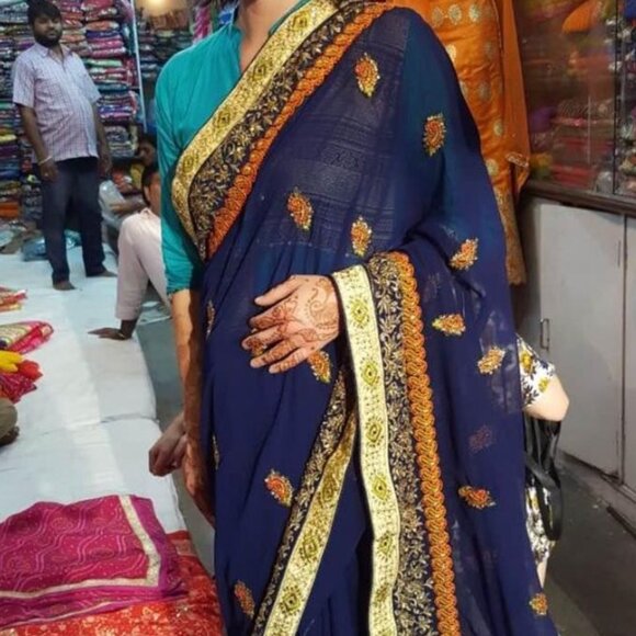 New, Never Worn Navy Blue + Gold Sari/Saree - Picture 1 of 6
